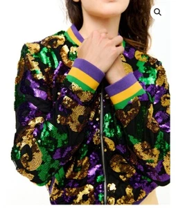 Chaqueta de bombardero para mujer Mardi Gras Letters lentejuelas multicolores - Imagen 1 de 3