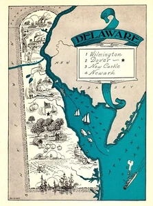 1931 Antique DELAWARE State Map RARE Animated Picture Map of Delaware BLU 2014 - Bild 1 von 4