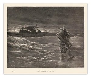 Gustave Dore JESUS WALKING ON THE SEA 1891 Vintage Illustration 20x17" Art Print - Picture 1 of 3