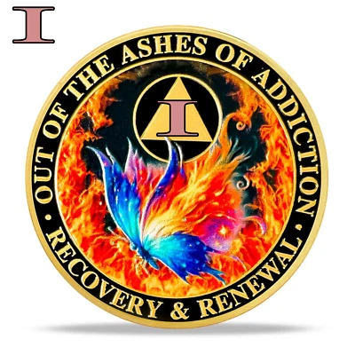 AA 1 Year Sobriety Coin Burning Butterfly Recovery Medallion 1 Year Sober Gifts - Image 1 of 4