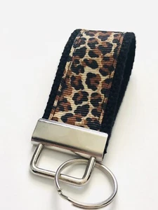 Mini Key Fob/ Grosgrain Ribbon/ Leopard Print/black/ Brown Key Chain - Picture 1 of 4