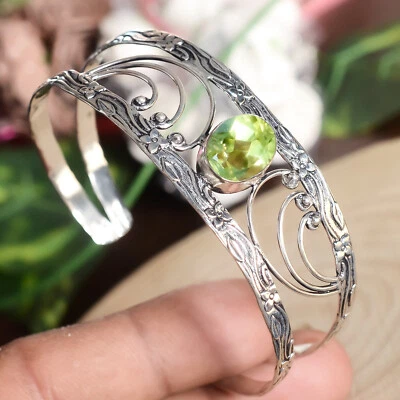 Green Peridot Oval Cut Gemstone Bracelet 925 Sterling Silver Man's Cuff Jewelry - Image 1 of 4