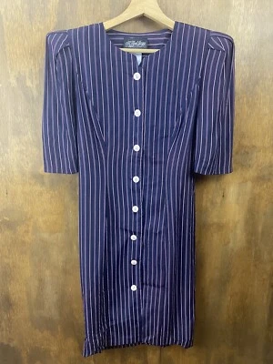 Vestido Vintage Años 80 All That Jazz Botón Frontal Púrpura Rayas Lazo Trasero Talla 7/8 Foto 1 de 4