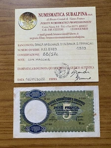 BANCONOTA BANCA NAZIONALE D’ ALBANIA 5 FRANCHI 1939 certificata BB/SPL SUBALPINA - Foto 1 di 3