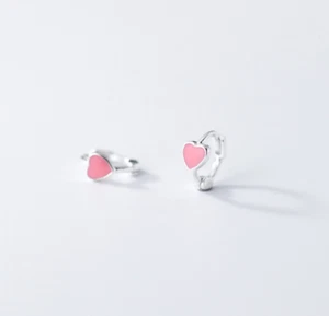 925 Sterling Silver Enamel Heart Small Hoop Huggie Earrings 11mm Gift Box K43 - Picture 1 of 11