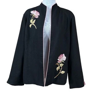 Coldwater Creek Black Pink Lined Linen Blend Embroidered Rose Jacket Size 16 - Picture 1 of 10