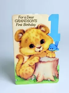 Linda tarjeta de cumpleaños colorida vintage de nieto 1er - leopardo troquelado años 80 usada - Imagen 1 de 3