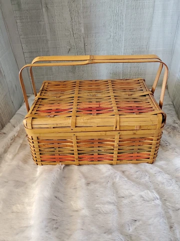 Bamboo Woven 2-Handle Vintage Basket Hinge Lid Sewing Basket Japan 9" Cover
