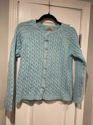 L.L. Cárdigan Bean Talla M Azul Claro Algodón Botón Frontal Cable Tejido Cuello Redondo Foto 1 de 4