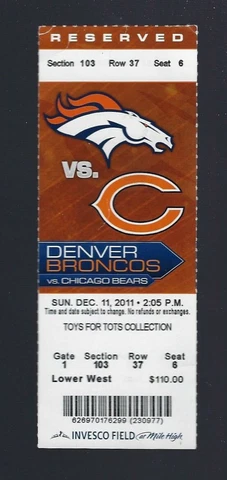 TIM TEBOW - 2011 NFL CHICAGO BEARS @ DENVER BRONCOS FULL FOOTBALL TICKET Cover