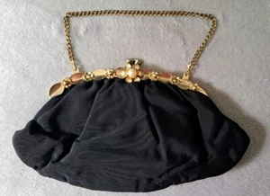 Vintage Seide Abendtasche Clutch Handtasche schwarz & gold Kette Perle USA  - Bild 1 von 11