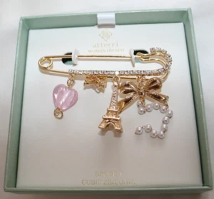 ATTERRI GOLD TONE METAL CUBIC ZIRCONIA LUCKY CHARMS BROOCH HEART,BOW,BUTTERFLY - Picture 1 of 1