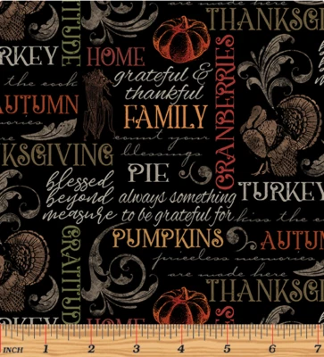 Thanksgiving Pumpkin Fabric Turkey Time Black Cotton Benartex By The Yard