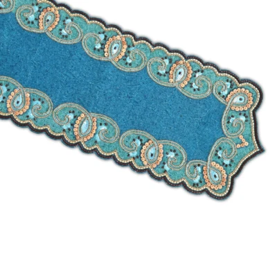 XXL Beaded Table Runner, Blue Designer Table Runner, Luxury Tableware 13X72 Inch - Image 1 of 4