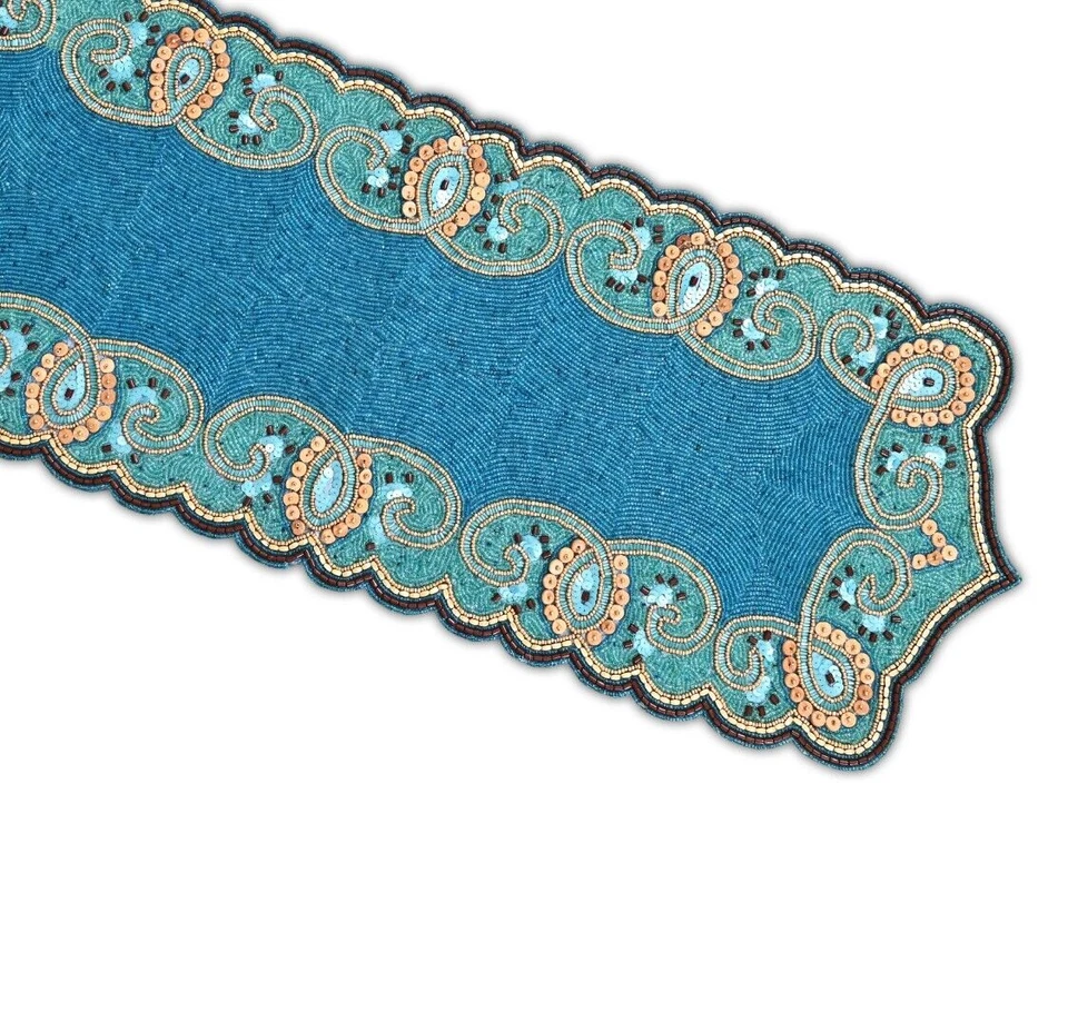 Luxury Beads Table Runner, Blue Designer Table Runner, Wedding Tableware 13X36In - Image 1 of 4