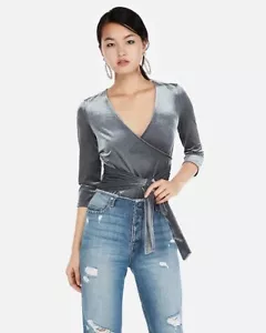 NWT Express One Eleven Grey Ribbed Velvet Front Tie Top, Women’s Blouse Small S - Picture 1 of 4