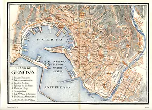 1920s Antique ORIGINAL 12" Map City Plan Genova Genoa Italy Old Wall Decor - Picture 1 of 1