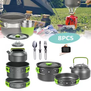 8pcs Camping Cookware Set Hiking Picnic Cooking Bowl Pot Pan Knife Spoon Kit - Picture 1 of 11