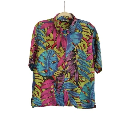 Diane Gilman Vintage 90s 100% Silk Button Up Top Bright Floral Tropical Medium - Image 1 of 4