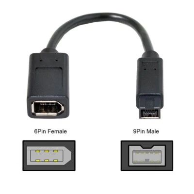 cablecc IEEE 1394 6Pin Female to 1394b 9Pin Male Firewire 400 to 800 Cable 20cm - Image 1 of 4