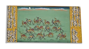 Sunset Camel Caravan Handmade Miniature Painting on Old Paper 5.5 x 9 In - Picture 1 of 3
