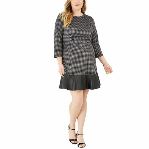 Mini abito Michael Kors donna plus nero a quadretti finta pelle manica a 3 4 shift 2X