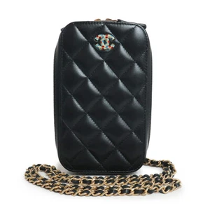 CHANEL Matelasse Multicolor CC Phone Holder Chain Case Lambskin, Black AP0530 - Picture 1 of 13