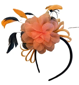 Halloween Fascinator Haarreif schwarzes Band mit orangen Blume, Federn & Bändern - Bild 1 von 10