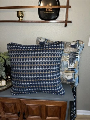 Set Of 20 X20” Blue/ Gold Patterned Throw Pillows - Image 1 of 4