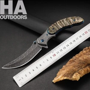 Damascus Claw Knife Hunting Folding Knife Custom Shofar Handle Gift M390 - Picture 1 of 4