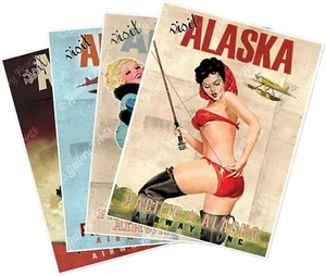 Set vier (4) Visit Alaska via Pacific Alaska Airways Reisewerbung Kunstdruck Poster - Bild 1 von 7