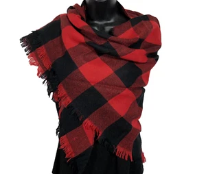 Vintage Buffalo Plaid Scarf Triangle, Red and Black Large Fringed, 70" across - Picture 1 of 8