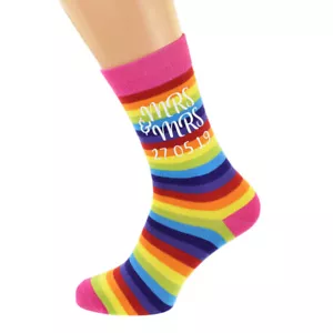 Personalised Date Mrs & Mrs Rainbow Socks Adult UK Size 5-12 - X6N844 - Picture 1 of 1