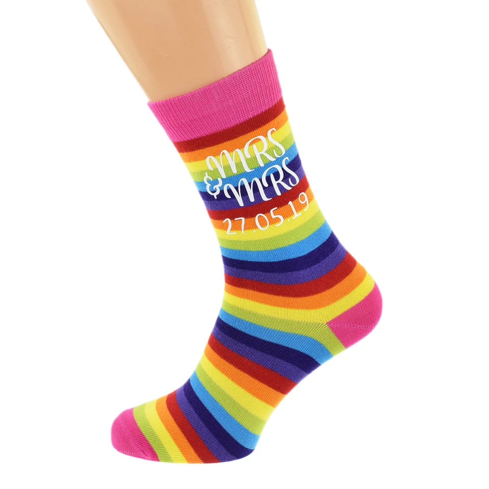 Personalised Date Mrs & Mrs Rainbow Socks Adult UK Size 5-12 - X6N844 - Image 1 of 1