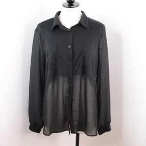 Neu Big Star Tee Damen L schwarz transparent Georgette Langarm Knopfleiste Tunika Top - Bild 1 von 10