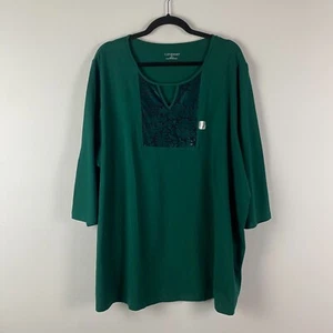 Catherines Tunic Shirt Size 2X Green Floral Velvet Panel Keyhole Neck 3/4 Sleeve - Picture 1 of 10