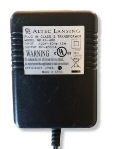 ALTEC LANSING Plug In Class 2 TRANSFORMER Model A9-400 Input 120V 60Hz 12W EUC