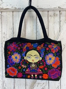 Black Goth Tote Bag Floral Embroidered Graphic Canvas Loop Handle Bag - Picture 1 of 9