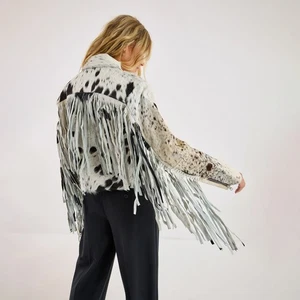 Chaqueta con flecos de cuero de vaca para mujer Abrigo con cremallera Western Rodeo - Imagen 1 de 5