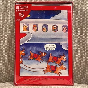 Reindeer Blitzen Caught on Airplane - Box of 18 Funny Vtg Christmas Cards NEW - Picture 1 of 4