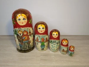 Vintage Russian Matryoshka Christmas Holiday Nesting Dolls Hand Painted Set Of 5 - Picture 1 of 11