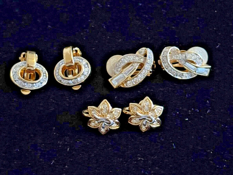 Pendientes de Diseñador Nina Ricci Vintage Chapados en Oro 14K LOTE 3 PARES Cristales Clip EE. UU. Foto 1 de 4