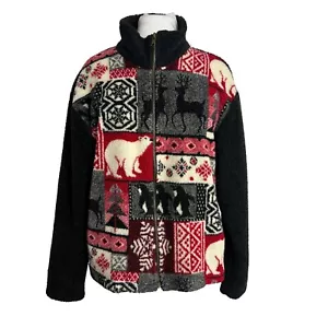Vintage Lavon Fleecejacke Damen Größe M Eisbär Hirsch rot schwarz - Bild 1 von 9