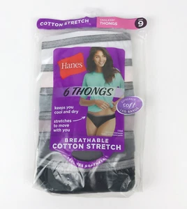 Hanes Women's Cotton Stretch Tagless Thongs 6 Pack Size 9 - Picture 1 of 3