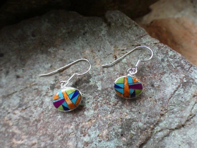 Southwestern Oval Multi Gemstone Opal Sterling Silver French Wire Earrings Ai83 - Image 1 of 4