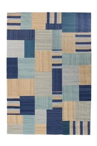 Wolle Teppich Kurzflor Muster Quadra Beige Blau Modern Design Stilvoll120x170 cm - Bild 1 von 4
