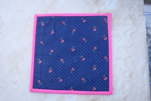 Handmade Potholder, Blue with Flowers and Dots and Bright Pink Binding - Picture 1 of 4