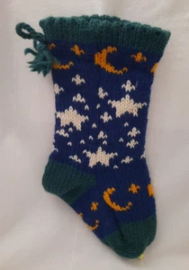 Dabec Hand Knit Stocking ~ Wool ~ Blue Green Gold White ~ Stars & Moon Celestial - Picture 1 of 13