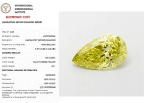 1.03 CT Pear Lab Grown Diamond For Engagement Ring IGI Fancy Intense Yellow VS1 - Picture 1 of 9