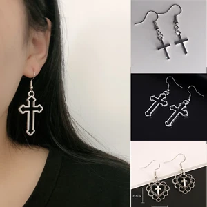 Cross Earrings Religious 925 Silver Plated Hooks Punk Drop Dangle Free Bag UK - Picture 1 of 5